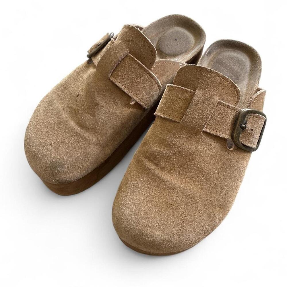 Platform Tan Suede Clogs with Buckle Women Sz 8.5